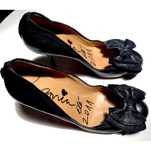 Lanvin PARIS Pin Up Leather Black Round Toe BOW 2011 Unique Heel Pumps 39.5 - Picture 2 of 11